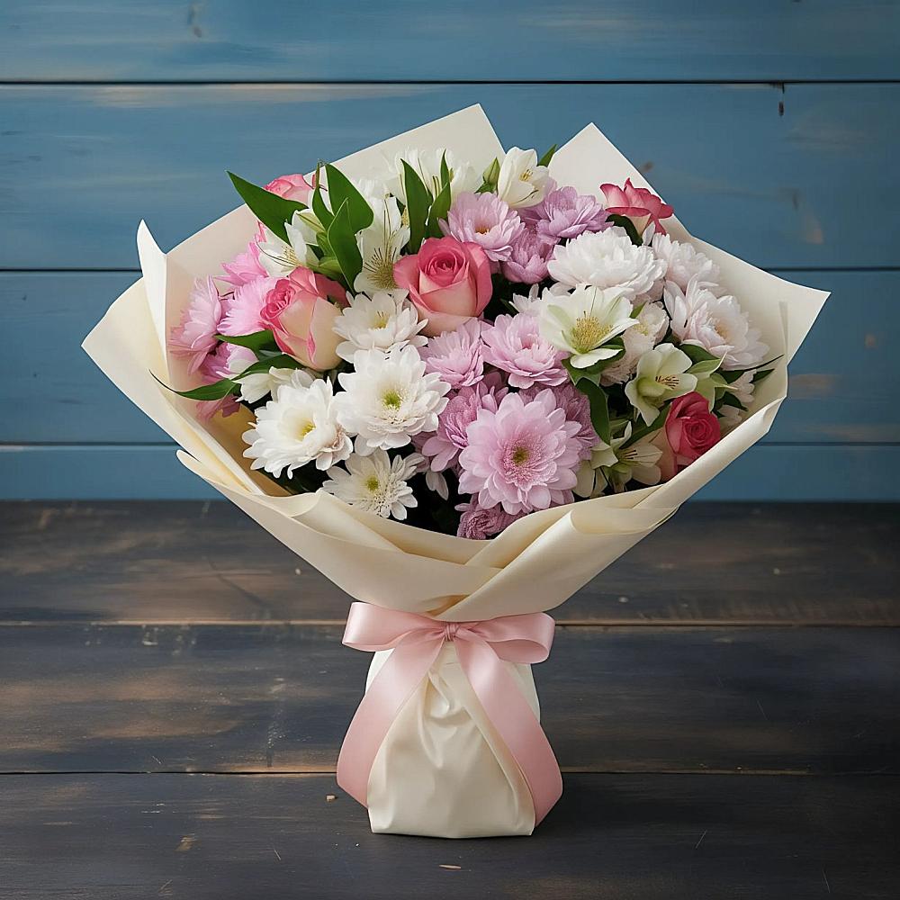 Букет цветов из: Хризантемы, Альстромерии и Розы в Кутулике